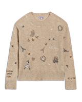 French Women's Merino Wool Pullover, Knit sweater with Print and Embroidery