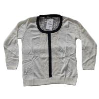 Women's Cotton Fashion Sweater, Lace Fabric at front placket and back, pearl beads and fashion button pullover